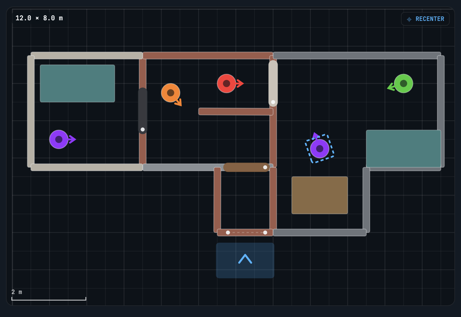 A 12 by 8 metre floorplan in the Builder: three connected rooms with furniture and doors, five targets colour-coded by behavior with facing arrows, and a start zone at the entry